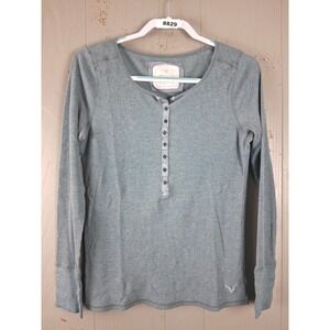 Y2K 2000s Blue Henley Top Large Vintage American Eagle Waffle Knit Teal Green